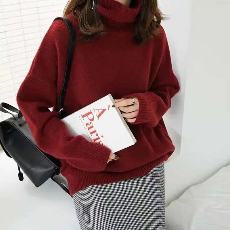 Sweater rajut hangat wanita, atasan kasual pullover rajut hangat tebal Turntleneck, sweater angin malas, Fashion untuk perempuan