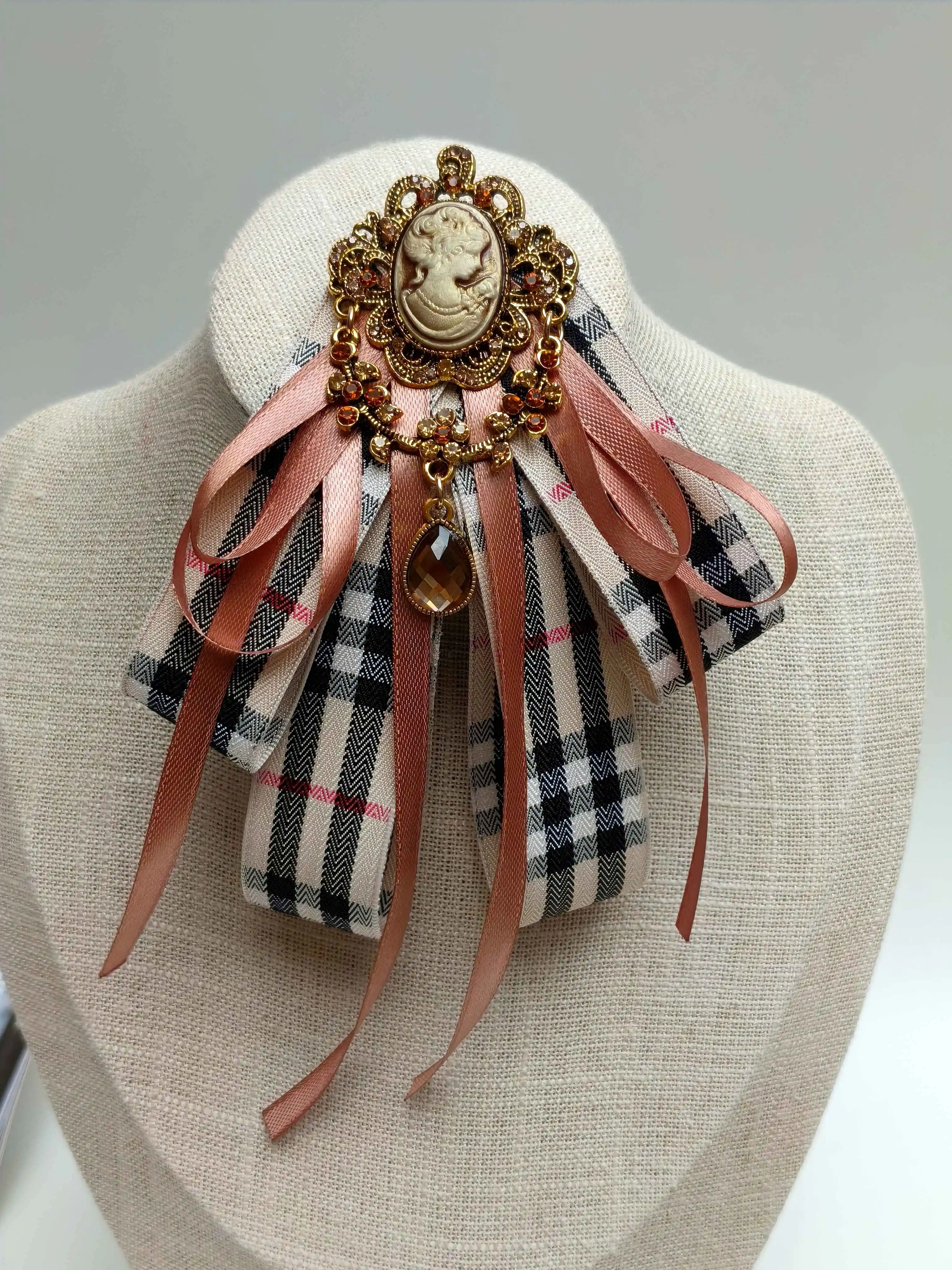 Vintage British Plaid Beauty Embossed Collar Flower, Multi-Layered Ribbon Bow Tie for Women, Academy Jk Shirt Dress with Rhinestone Collar Accessory