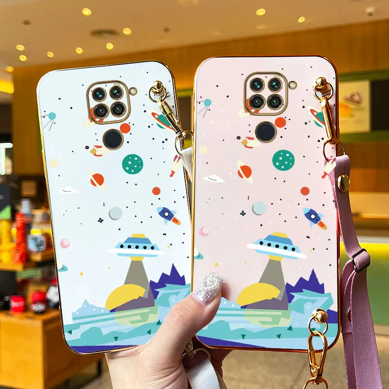 Sailing Spaceships Lanyard Plating Phone Case For Xiaomi Redmi Note 9 9Pro 9S 9T 10T 10S 10 10Pro 8Pro 8T 11SE 11T 11 12R Cover