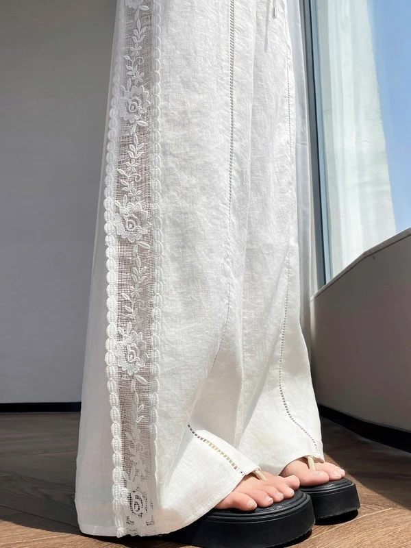 

White Linen Wide Leg Pants Women's Summer New Style Casual Lightweight Floor-Length Lace Sunscreen Women's Trousers