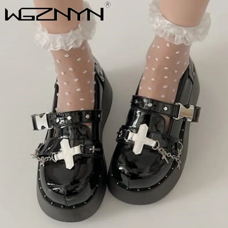 6.5CM Black Goth Rivet Single Shoes Women Round Head Lolita Shoes Hot Girl Harajuku Versatile Cosplay JK Uniform Shoe Punk Pump