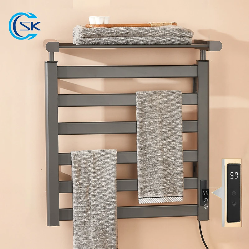 

Gun Gray Bathroom Electric Heating Towel Rack With Shelf Smart Touch Thermostatic Electric Towel Rail 220V EU Plug Towel Dryer