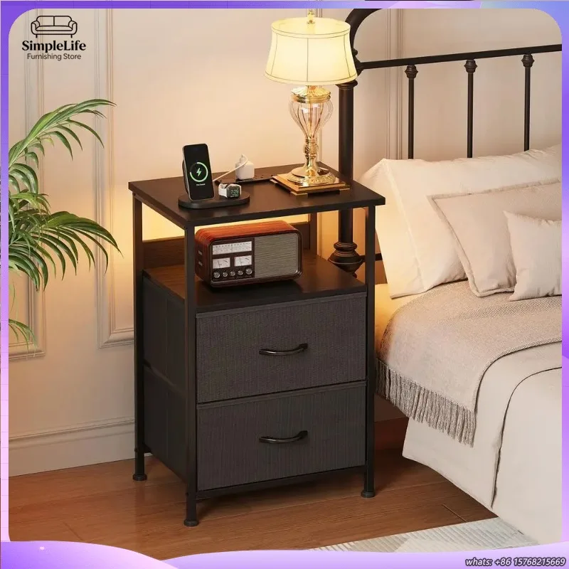 充電ステーション付きベッドサイドテーブル、寝室用小型ナイトスタンド、usbポートと電源コンセント付き、コンパクトなベッドサイド