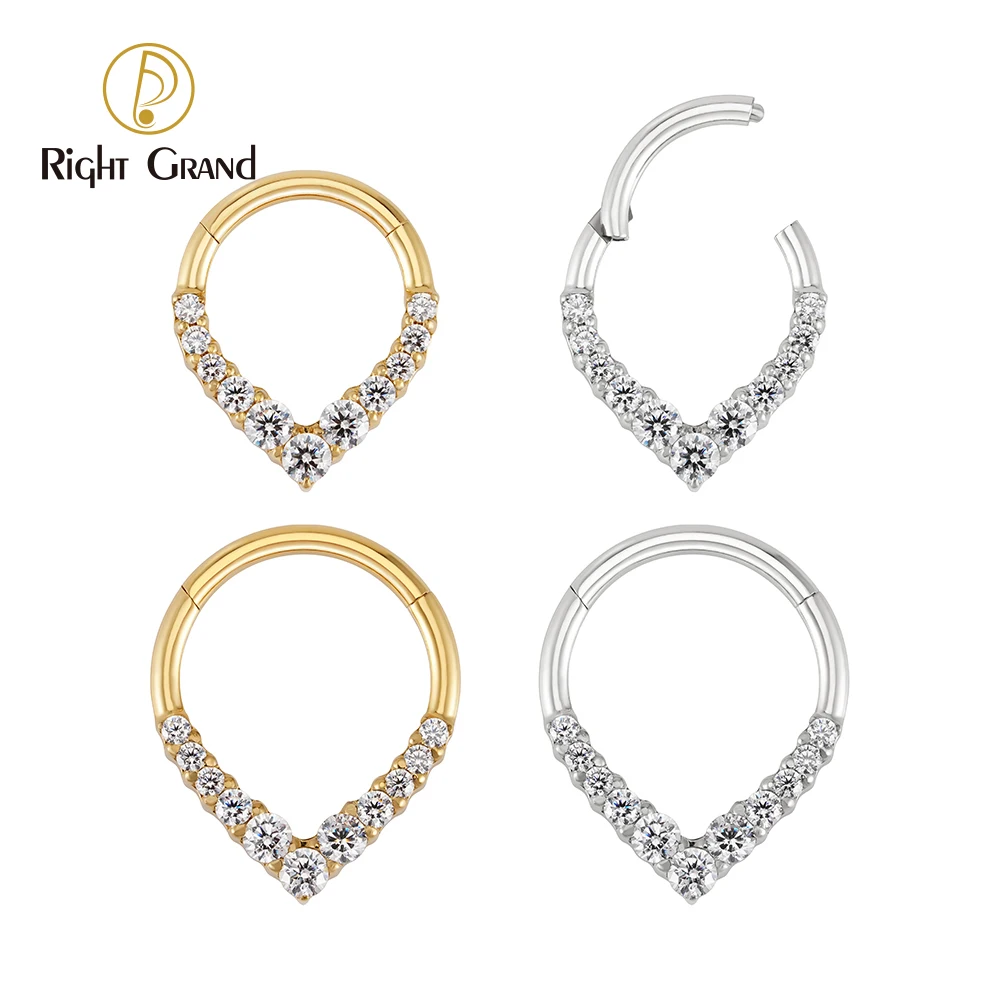 Right Grand ASTM F136 Titanium 16G Teardrop CZ Septum Ring Unisex Hinged Segment Hoop Earring Daith Clicker Nose Piercing