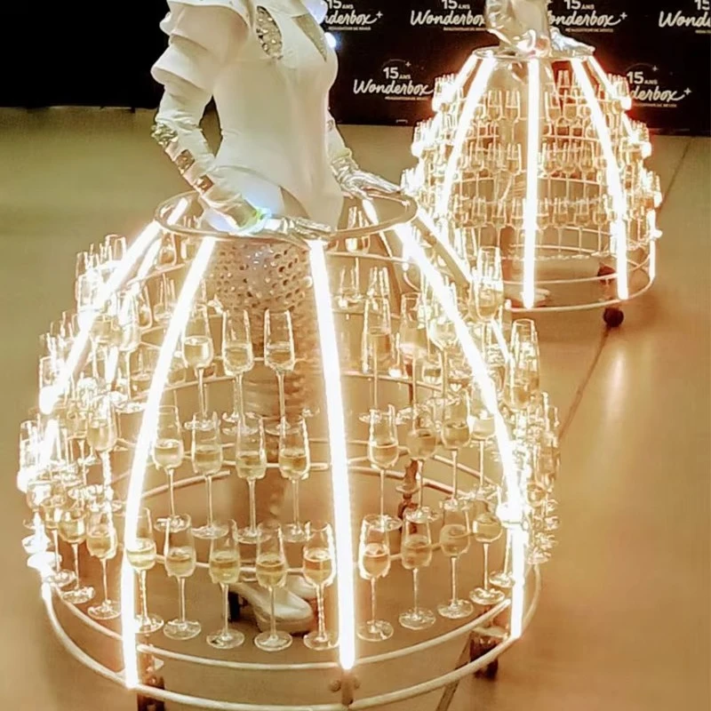 Custom Creative Party Supplies LED Metal Frame Wine Rack Dress Moving Wedding Champagne Stand Skirt