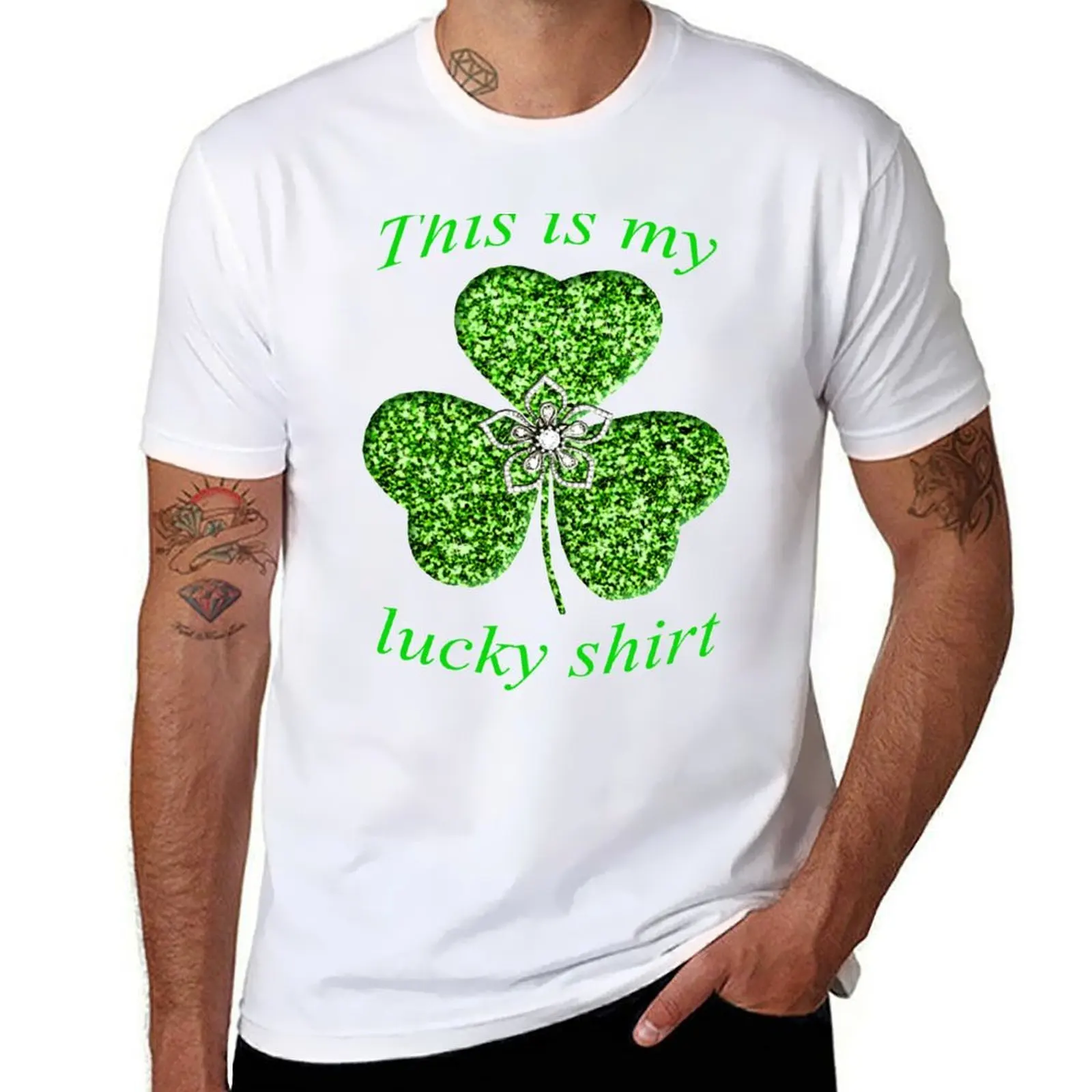 

Funny Green Glitter Shamrock With A Flower T-Shirt funny t shirts dark humor cotton t shirt man T-Shirt