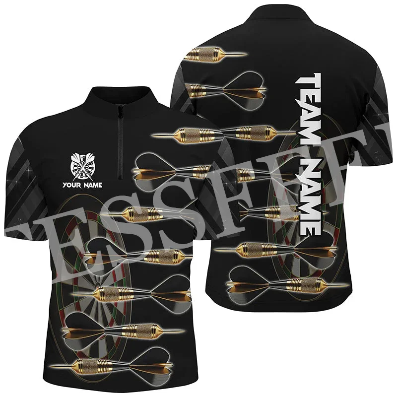 Custom Name Darts Sports Skull Flame Tattoo Retro Graffiti Funny 3DPrint Summer Harajuku Zip Polo Jersey Shirts Short Sleeves X2