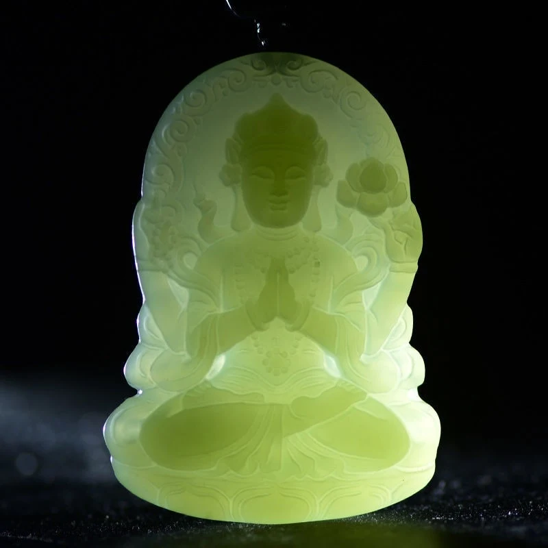 Hetian Green- Four-Armed Men, Jadeite White Jade Guanyin Bodhisattva Pendant