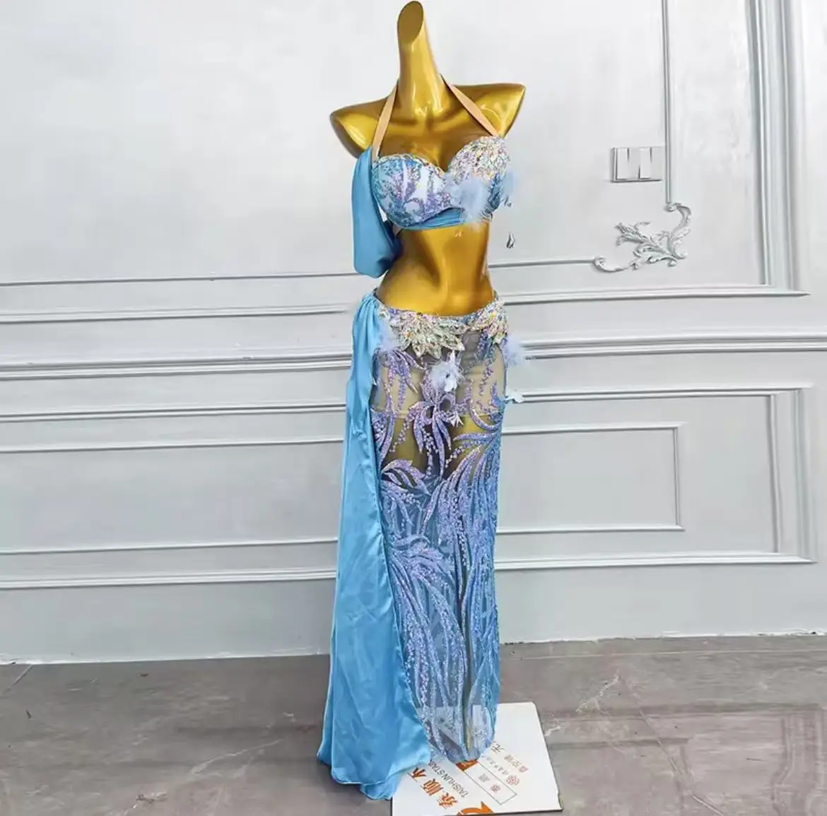 Costume de danse du ventre professionnel pour femmes, soutien-gorge à paillettes, ensemble jupe longue, vêtements de spectacle sur scène, tenue de fête de compétition, 2025