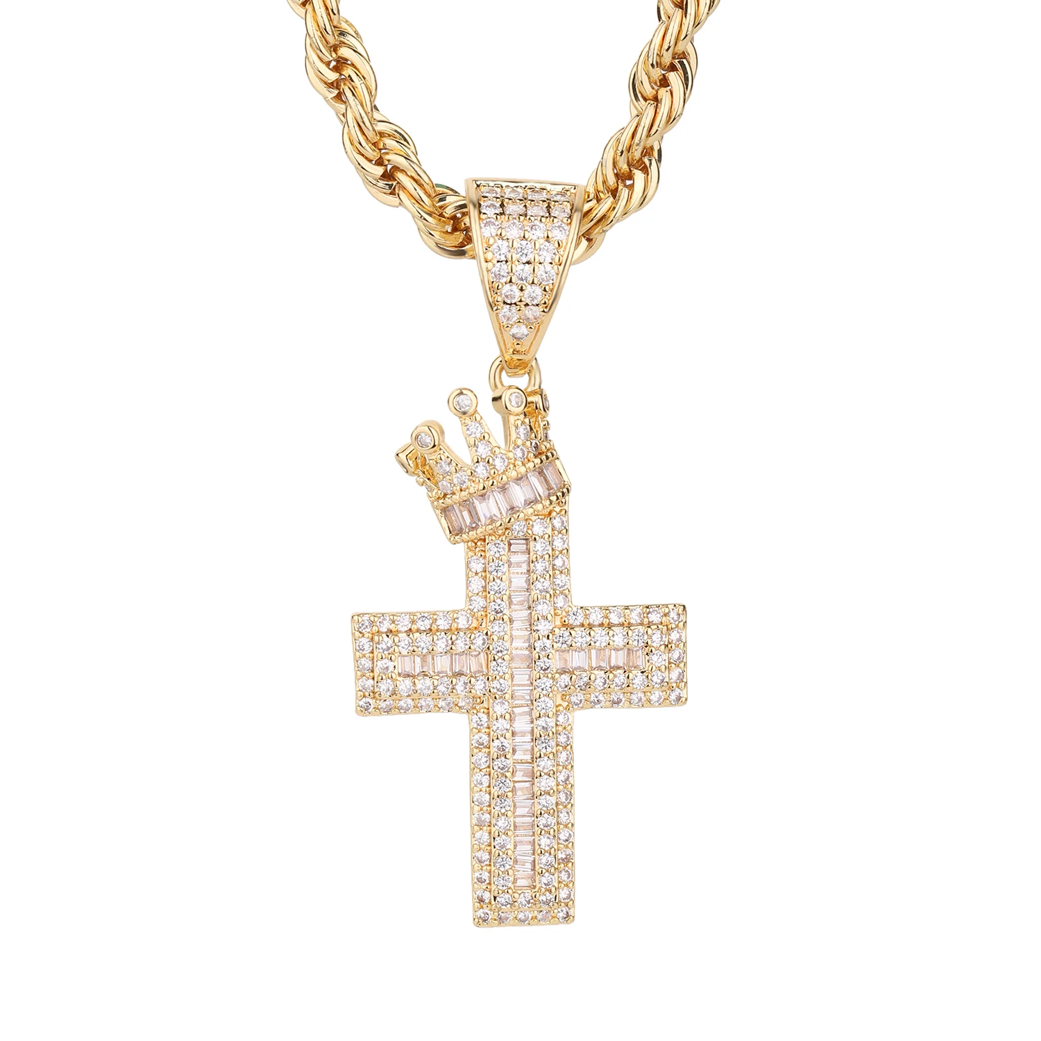 

Sparkling Crown Cross Pendant for Men and Women 5A Zircon Copper Material Non Fading Necklace Fashion Rock Hip Hop Jewelry