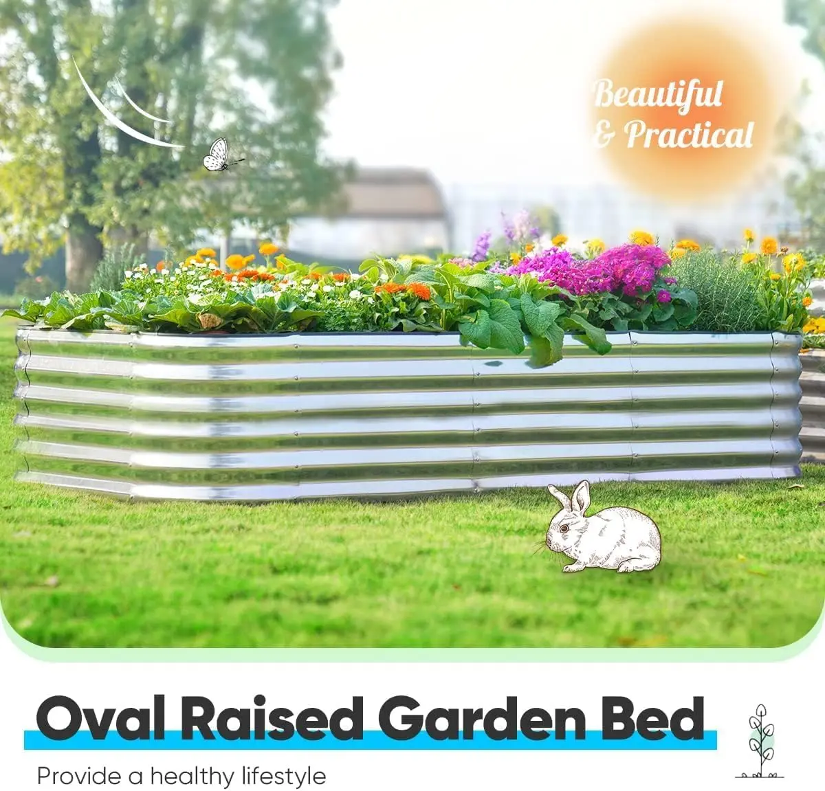 Raised Garden Bed Kit Oval Galvanized Metal Planter Box Tall for Vegetables Outdoor Backyard, Rubber Strip Edging Included, Silv