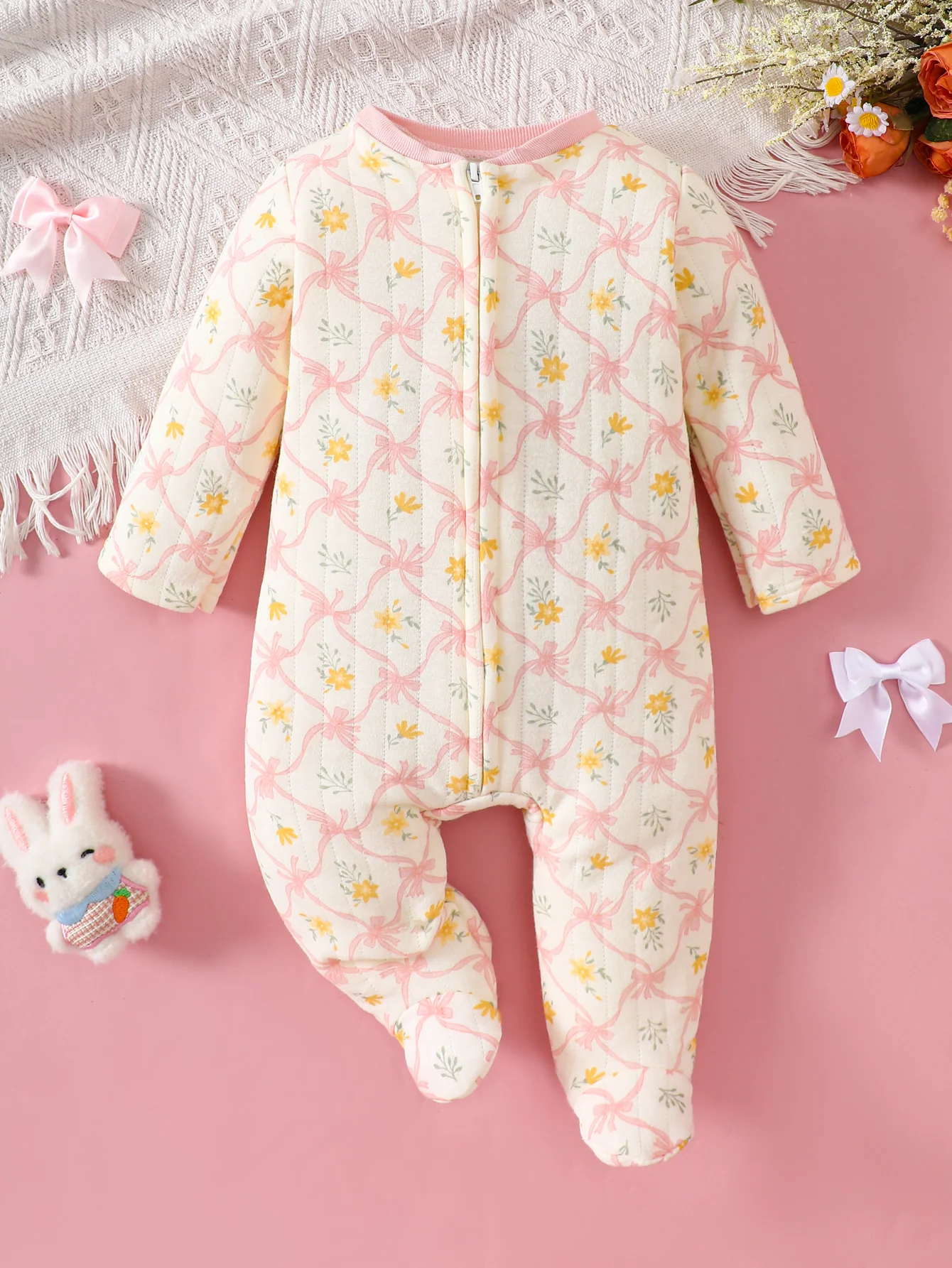 Cotton Baby Onesies Zipper - أفرول بنات حديثي الولادة بطبعة زهور