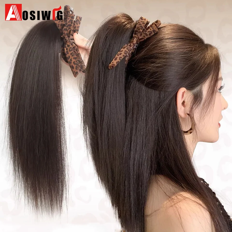 

Заколка-краб для прически «хвост», синтетический прямой хвост с леопардовым принтом и бантом, термостойкий, для женщин, на каждый день