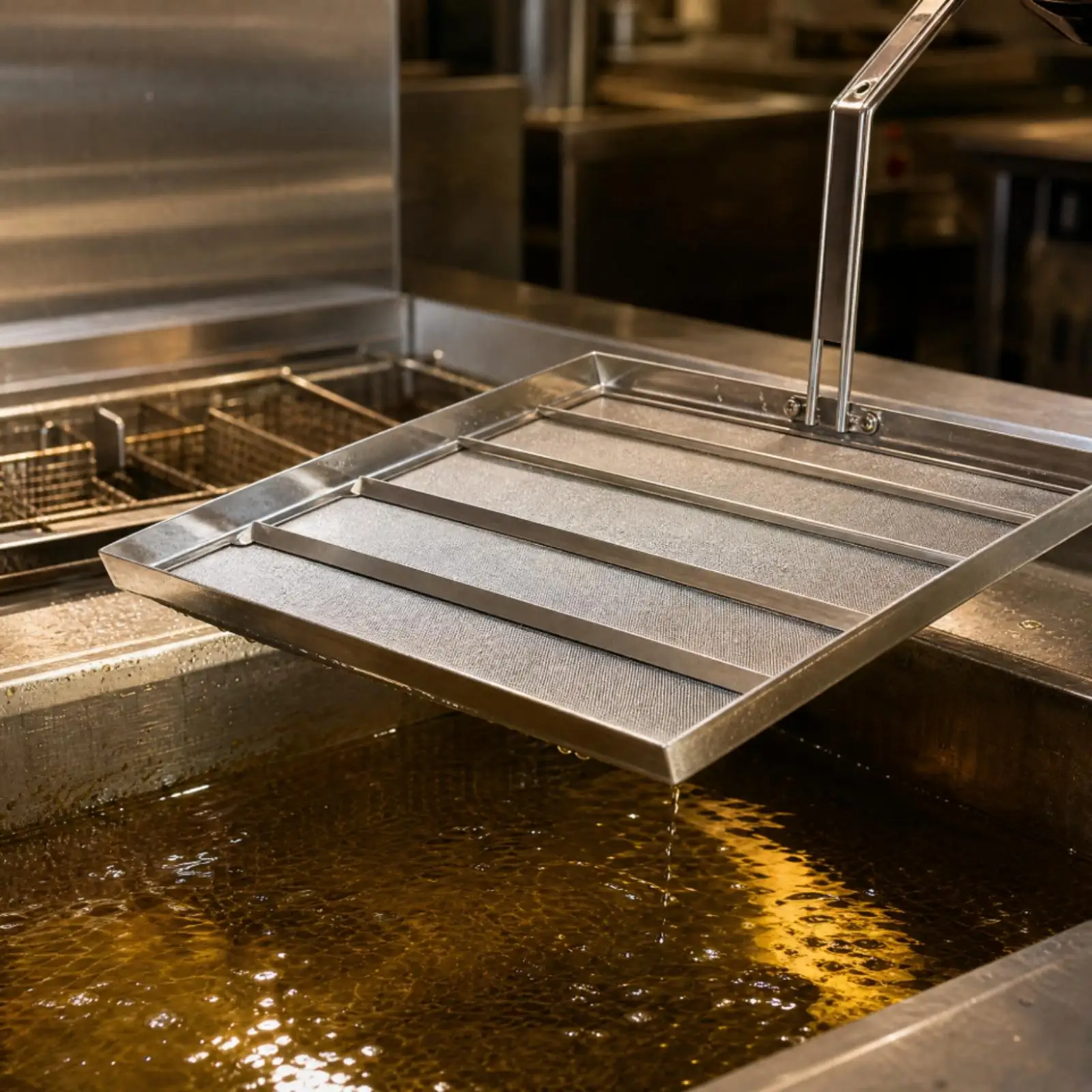 Professional Frying Oil Strainer 304 Stainless Steel Rectangular Filter Basket Detachable Handle for Commercial Kitchen Cooking