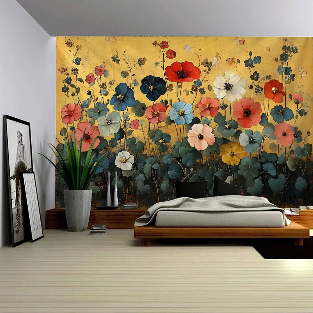 

Underwater biological printed tapestry, hippie flower and bird wall hanging fabric, bohemian cartoon aesthetic room decoration