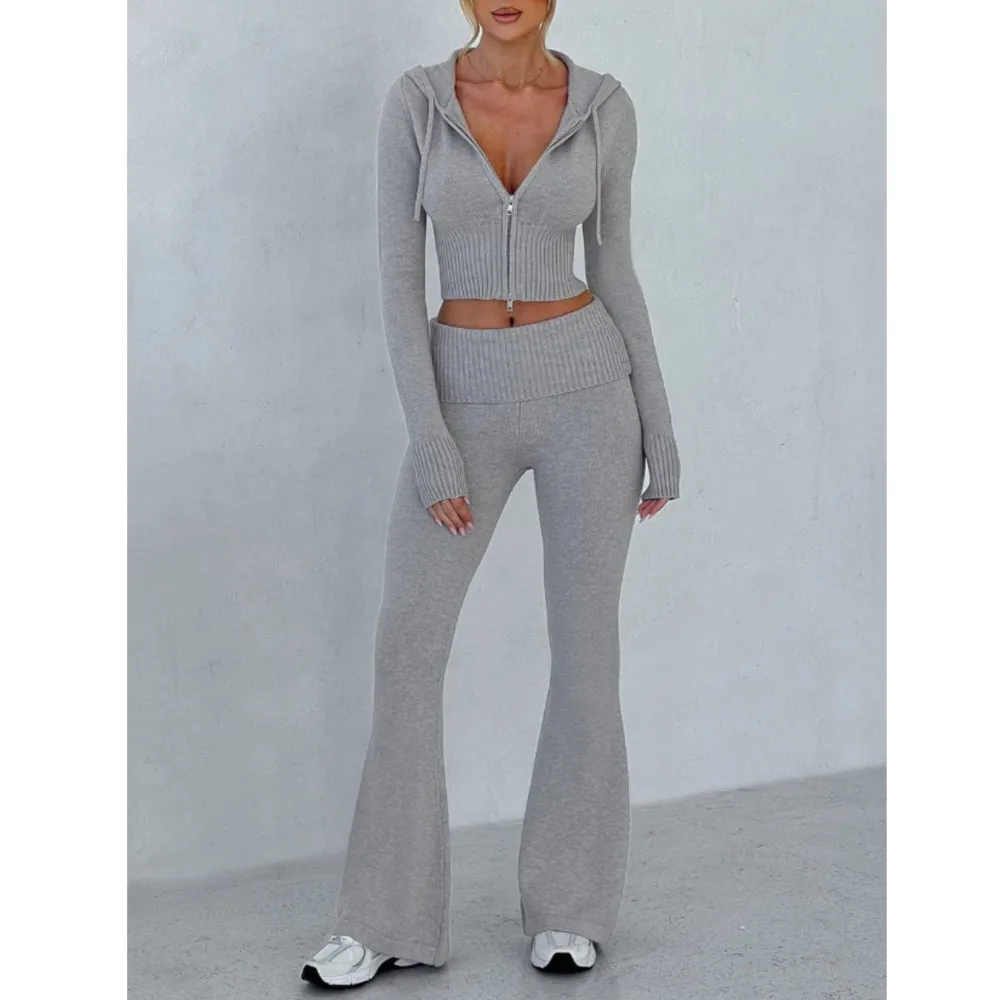 

Повседневный женский костюм-двойка: сексуальный приталенный кардиган на молнии с длинными рукавами и брюки-клеш для офиса и на каждый день