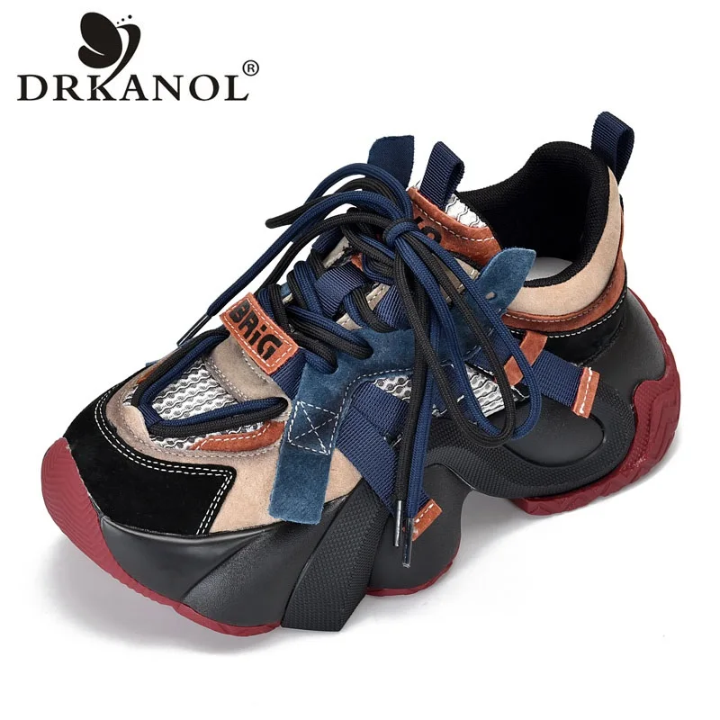 DRKANOL Mixed Colors Genuine Leather Shoes Women Casual Sneakers Spring Summer Platform Height Increasing Mesh Dad Shoes H50312T