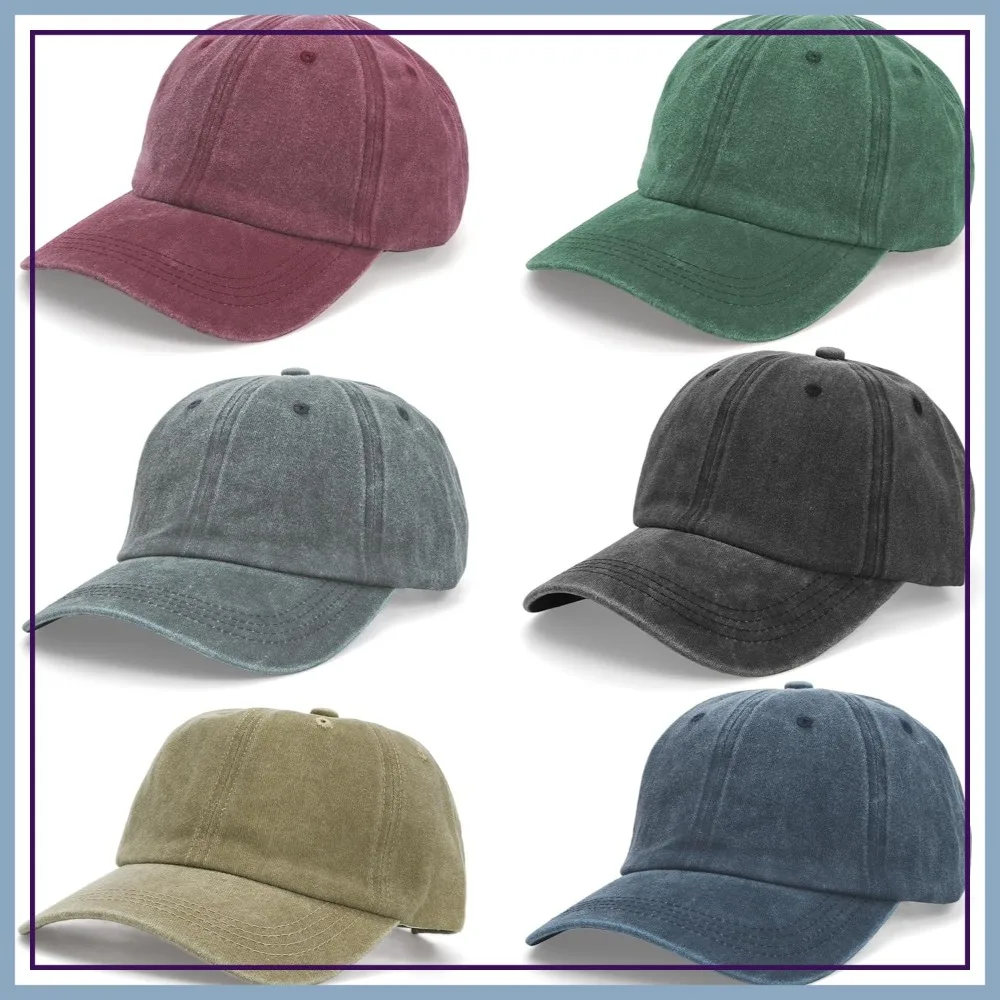 

Vintage Cotton Baseball Cap, 6 Pack Washed Plain Dad Hat, Unisex Distressed Adjustable Hat for Men Women