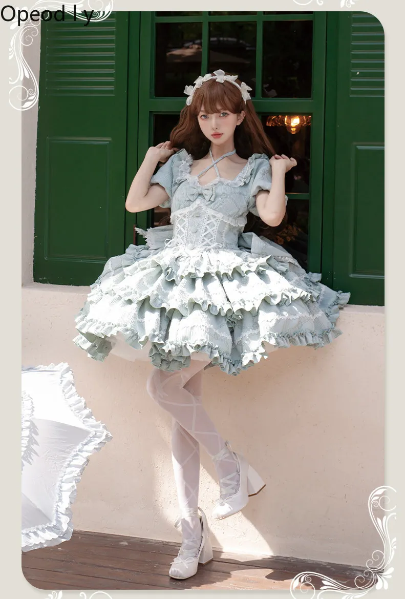 

Lolita Sweet Bow Trailing Dress 2026 Spring and Summer New Cute Girls Temperament Princess Birthday Party Short Dress Women