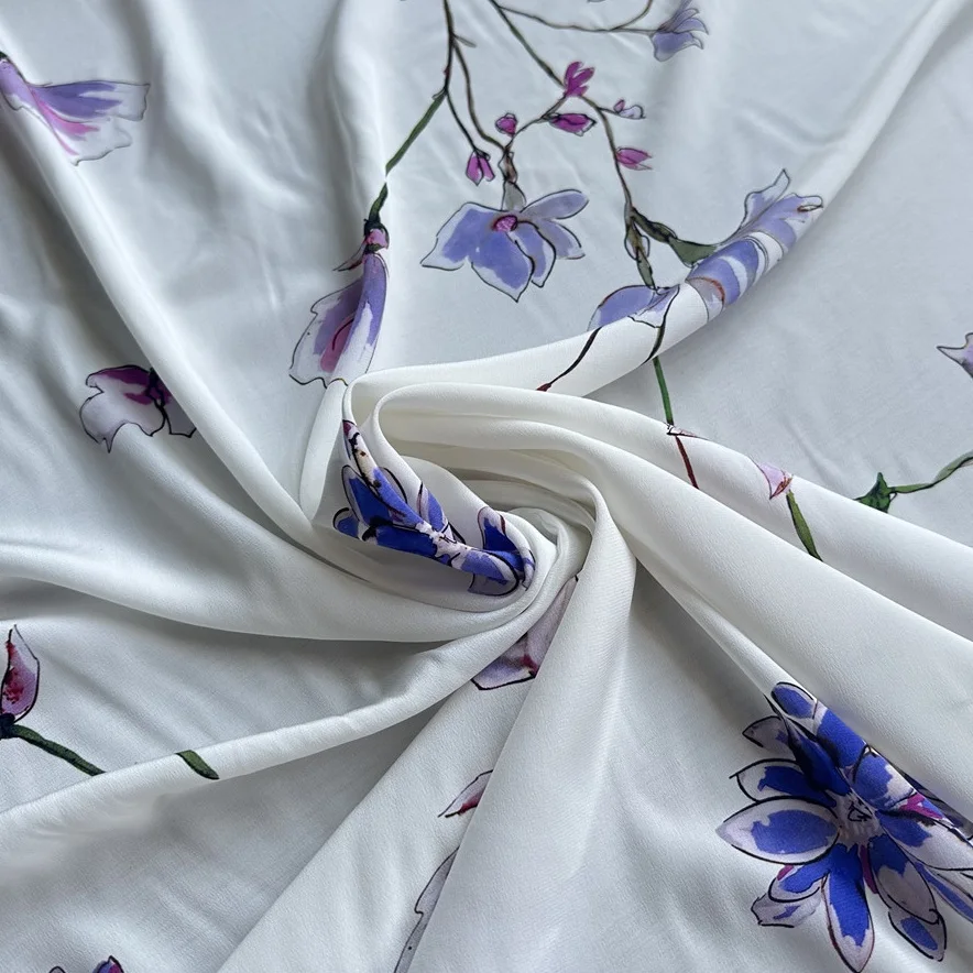 1 meter 100% Mulberry Silk 20 momme Heavy Crepe Silk Fabric White Purple Floral Printed 140cm 53