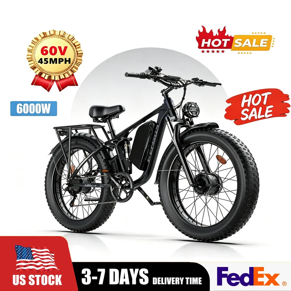 FENGQS Q8PLUS 6000W 5000W Dual Motor Mountain Electric Vehicle 60V1200WH Large Battery, 100 Kilometer Range, Hydraulic Disc Brake with Turn Signal, Electric Bicycles, Commuting, Boys, Fat Tires, Detachable Batteries. Full Shockingproof Frame image 1
