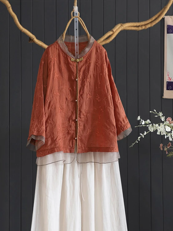 캐주얼 자수 패치워크 큰 사이즈 여성용 싱글 버튼 스탠드 칼라 세븐 슬리브 루즈 올매치 오픈 가디건