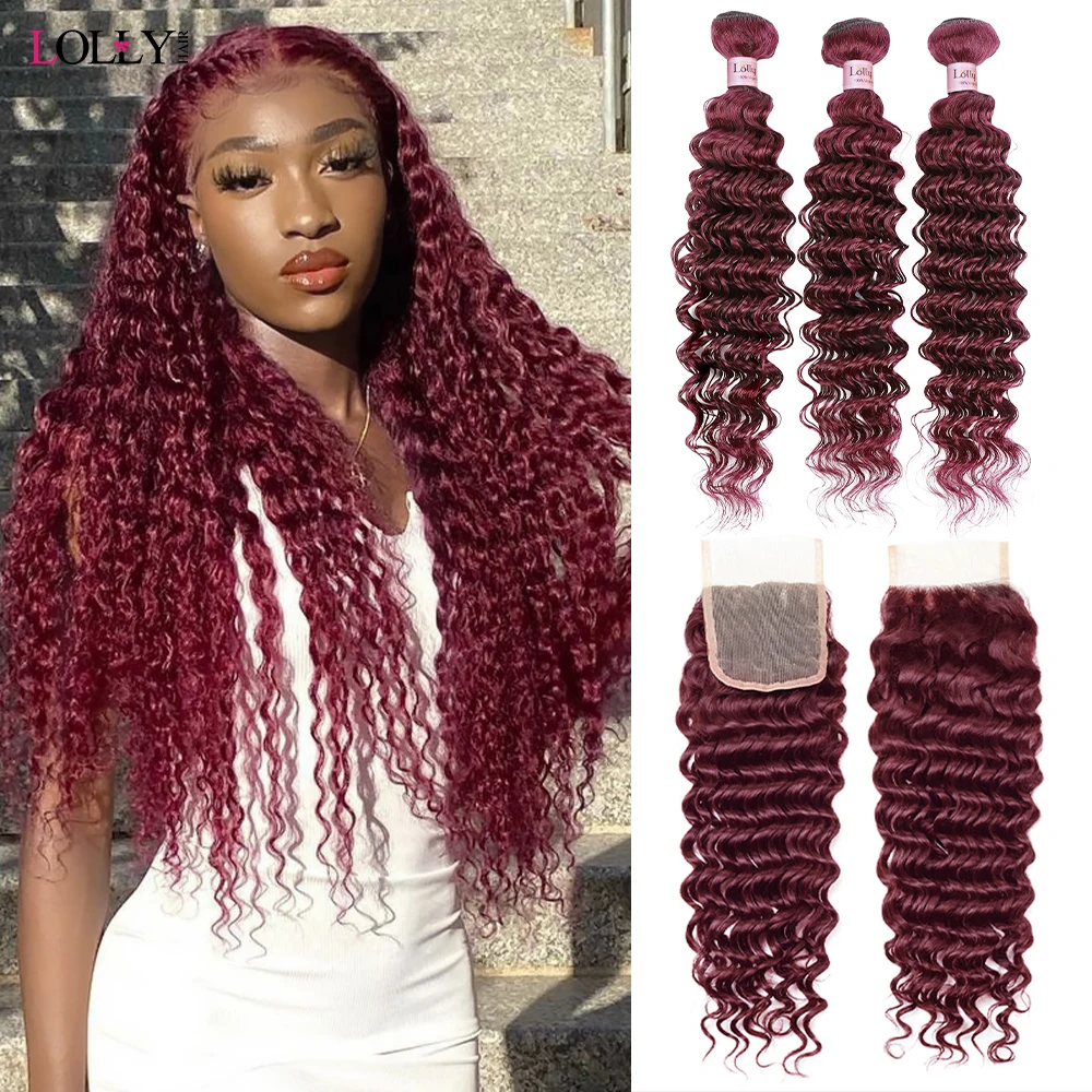 Burgundy 99J Deep Wave Bundles With Closure Brazilian Human Hair Bundles With Closure 4x4 Hair Extension For Women 28 30 Inch