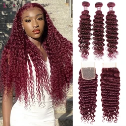 Bundles Deep Wave avec fermeture pour femme, cheveux humains brésiliens, extension de cheveux bordeaux 99J, 4x4, 28 po, 30 po