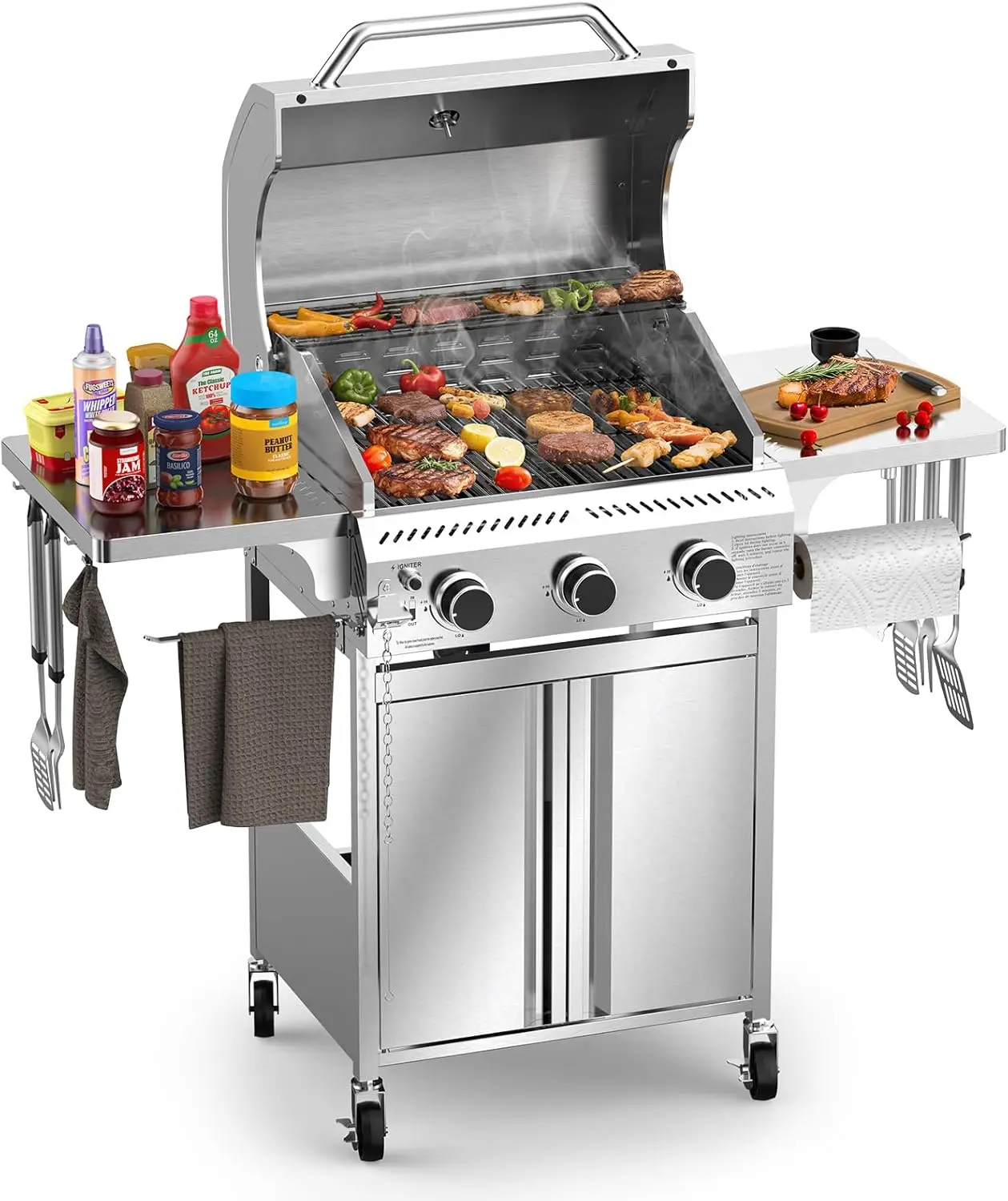 

G31 Grill,3-Burner Gas Grill with Folding Shelf,Stainless Steel 24,000 BTU Propane Gas Grill,Outdoor BBQ Grill for Barbecue,Pati