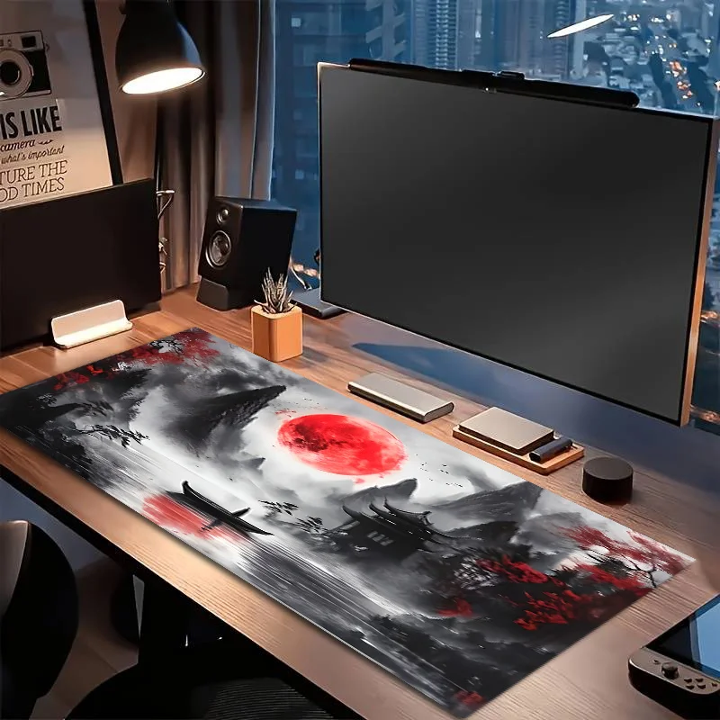 Large Mouse Pad, Ink Red And Boat Landscape Pattern, Non-Slip Rubber Base, Smooth Surface, Machine Washable, Durable Design