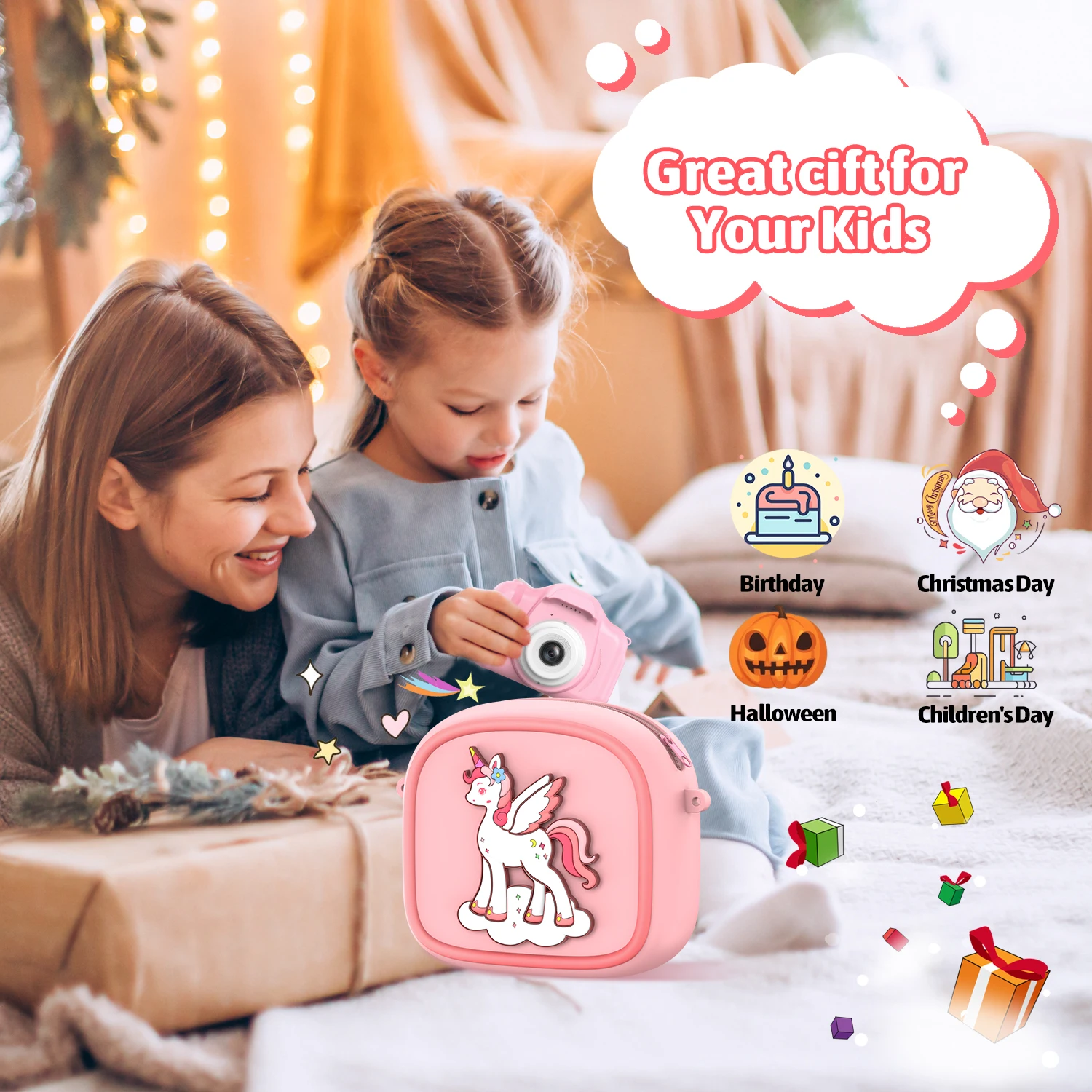AMORUS Kinderkamera, sofortige 1080P HD Dual-Objektiv-Selfie-Digitalkamera für Mädchen und Jungen, Weihnachts- und Geburtstagsgeschenke, Spielzeug mit 32G-Druck – Detail 10