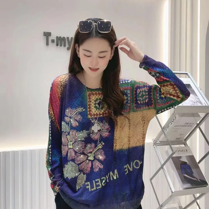 New Autumn and Winter Hot Stamping Fireworks Knitted Top for Women Round Neck Pullover Stylish Printed Long Sleeved Sweater