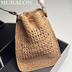 Fashion Versatile Straw Woven Small Tote Bag Summer New Drawstring Hollow Casual Shoulder Underarm Bag Embroidered Square Bag