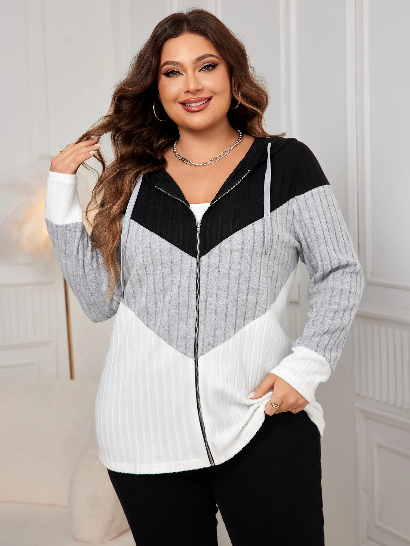 KEBY ZJ Plus Size Kleurblok Zip Up Jas Vrouwen 2024 Herfst Nieuwe Trekkoord Capuchon Lange Mouw Casual Rib-gebreide Jas Top