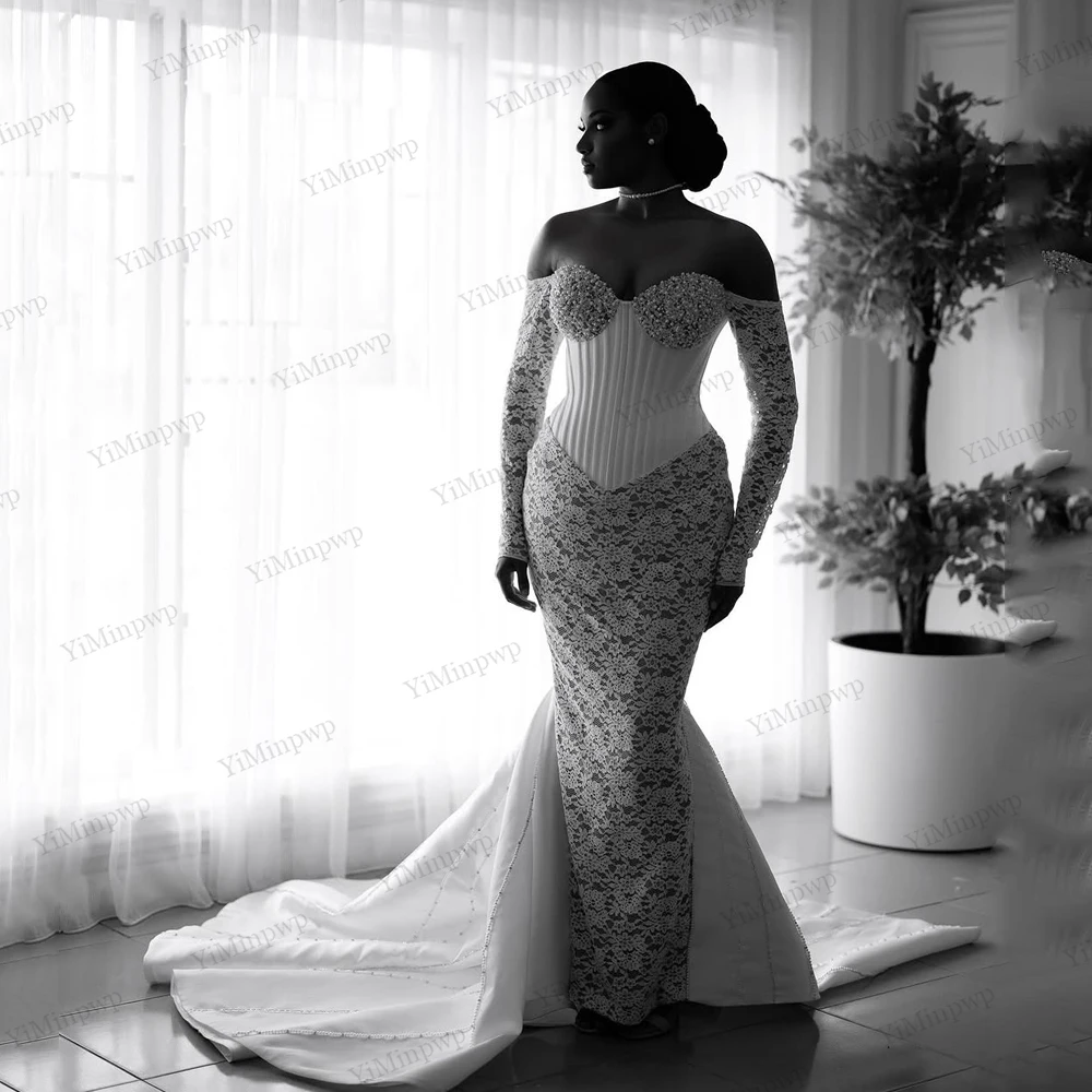 Customized 2 In 1 Wedding Dresses Applique Beaded Full Sleeve Off Shoulder Lace Bride Gowns Africa Women Mermaid Chapel Train