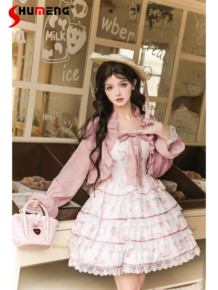 

Japanese Sweet Cute Girl Princess Party Dress Square Neck Bow Flying Sleeves Lace Spliced High Waist Lolita JSK Dress for Women