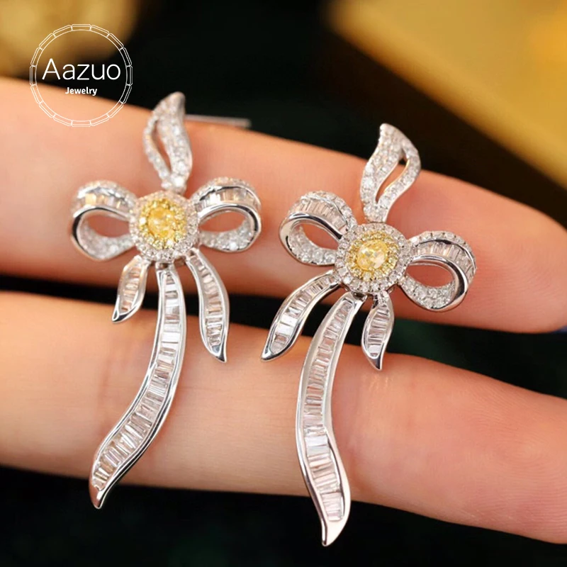 

Aazuo 18K High-end Jewelry White&Yellow Diamonds Bowknot Stud Earring Gifted For Women Wedding Party Chain Real Gold Au750