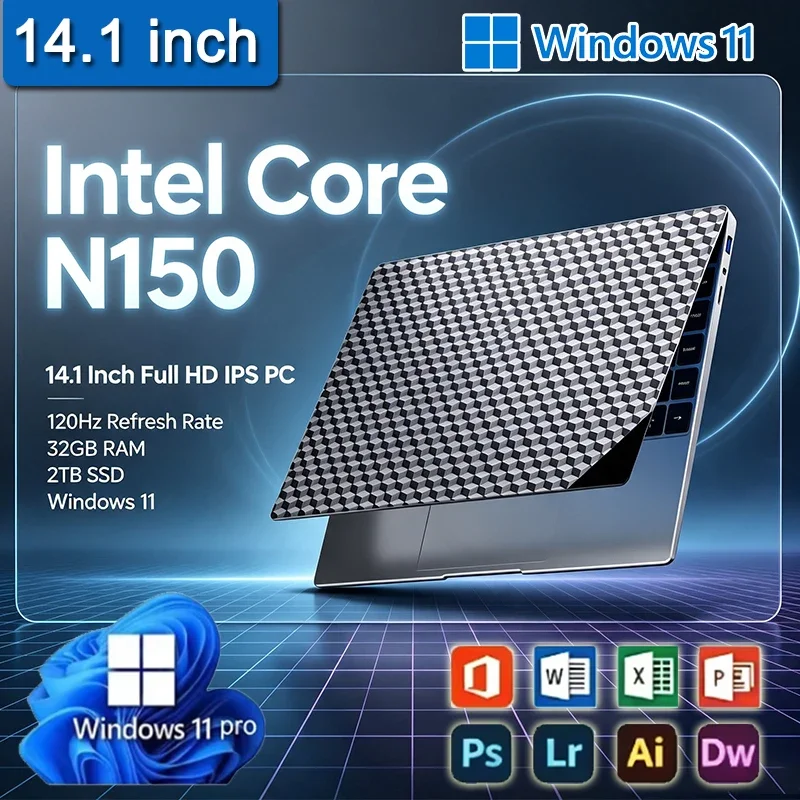 Windows 11 Pro 14.1 Inch Laptop Intel Core N150 32GB DDR4 2TB SSD Gaming Office Gamer Portable Notebook Computer PC