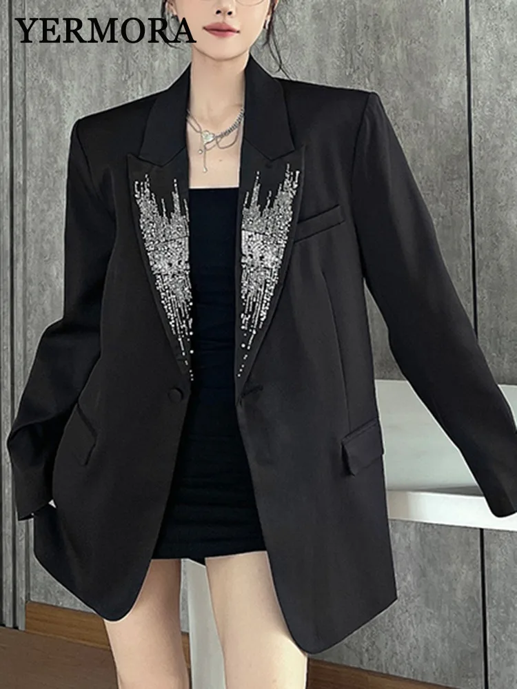 

YERMORA, черный повседневный блейзер большого размера с блестками для женщин, свободная новая куртка с лацканами и длинными рукавами Fsahion Tide, весна-осень 2025