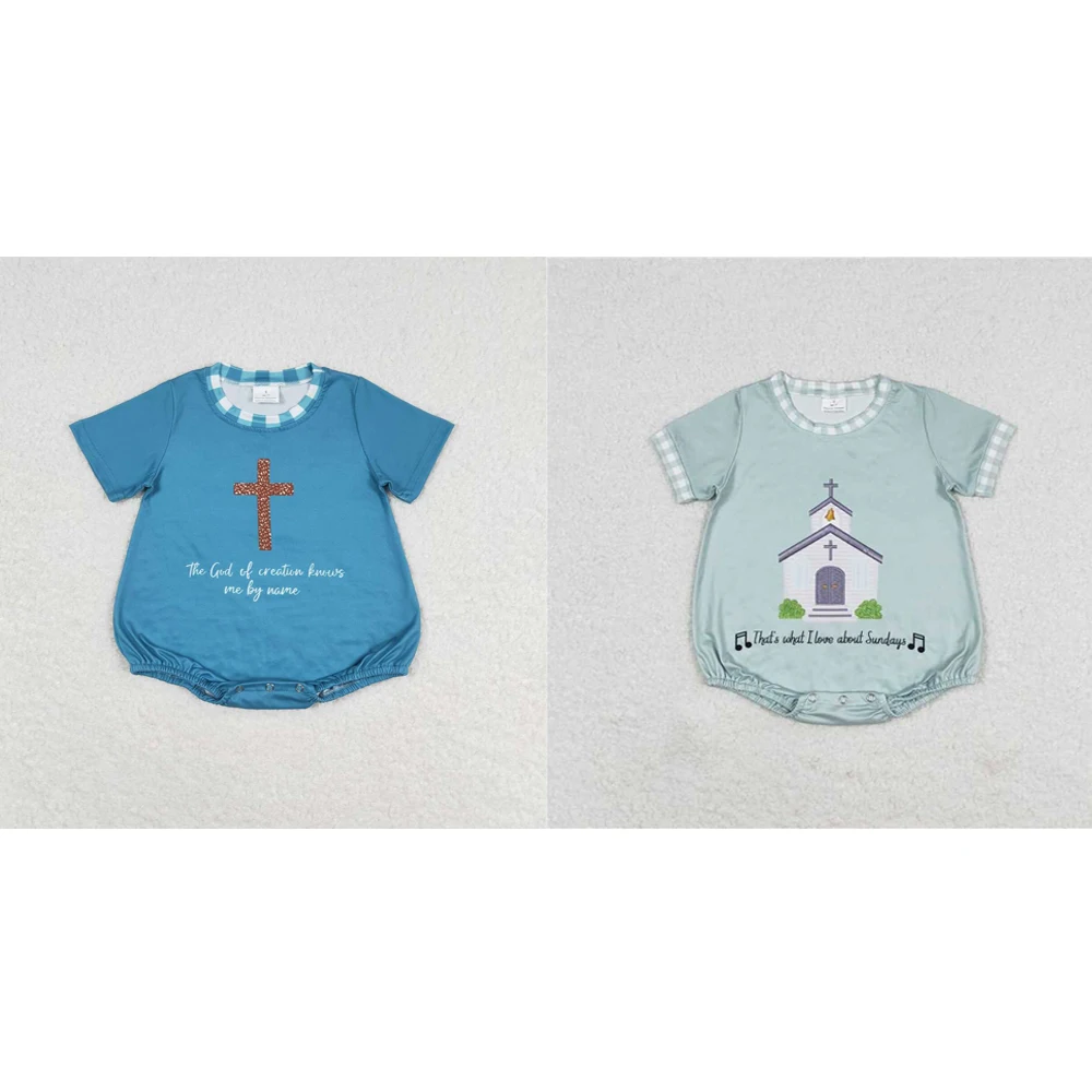 

Wholesale hot sale summer western boutique rompers for baby boys clothes cross lettering turquoise short-sleeved onesies