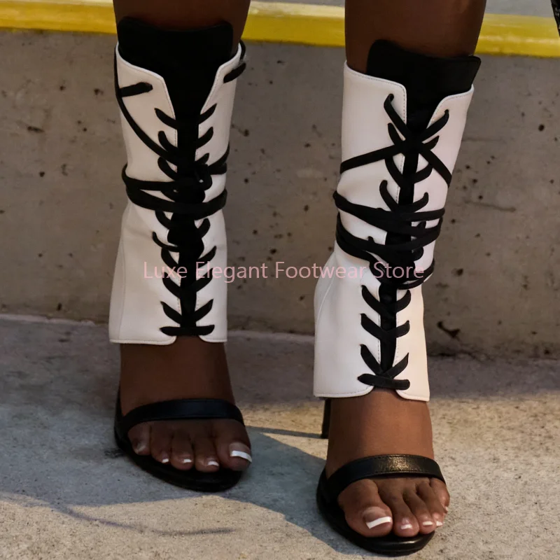 

Mixed Colors Leather Cross Strap One Strap Sandal Boots Women Black White Peep Toe Mid Calf Boots Sexy Punk Party Nightclub Shoe