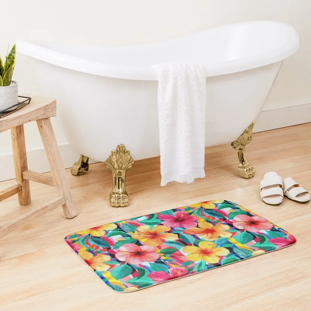 

OTT Maximalist Hawaiian Hibiscus Floral with Stripes Bath Mat Baths Bathroom Bathroom Absorbent Quick Dry Floors Mat