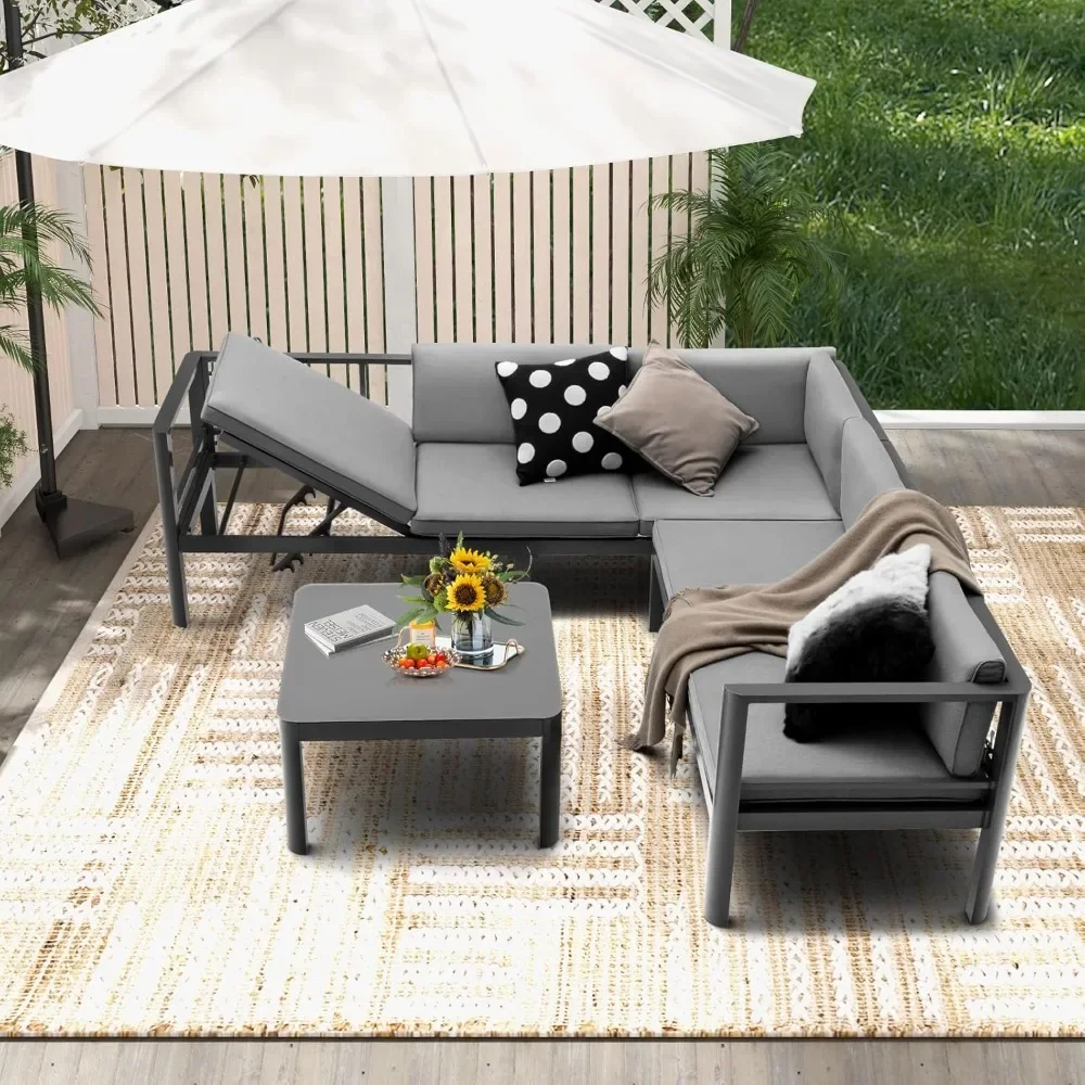 

3 Piece Aluminum Patio Furniture Set with 6-Level Reclining Backrest, Tempered Glass Tabletop, Outdoor Sectional Sofa Set