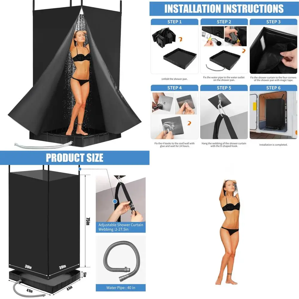 Portable RV and Camping Shower System with Tent and Drain, Foldable Pan for Outdoor Bathing