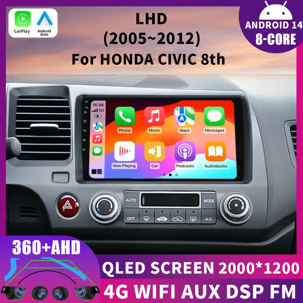 

9" Android 14 Carplay Car Stereo Radio for Honda Civic 8 2005 - 2012 Multimedia Player Navigation GPS 2 Din 4G Audio DVD QLED