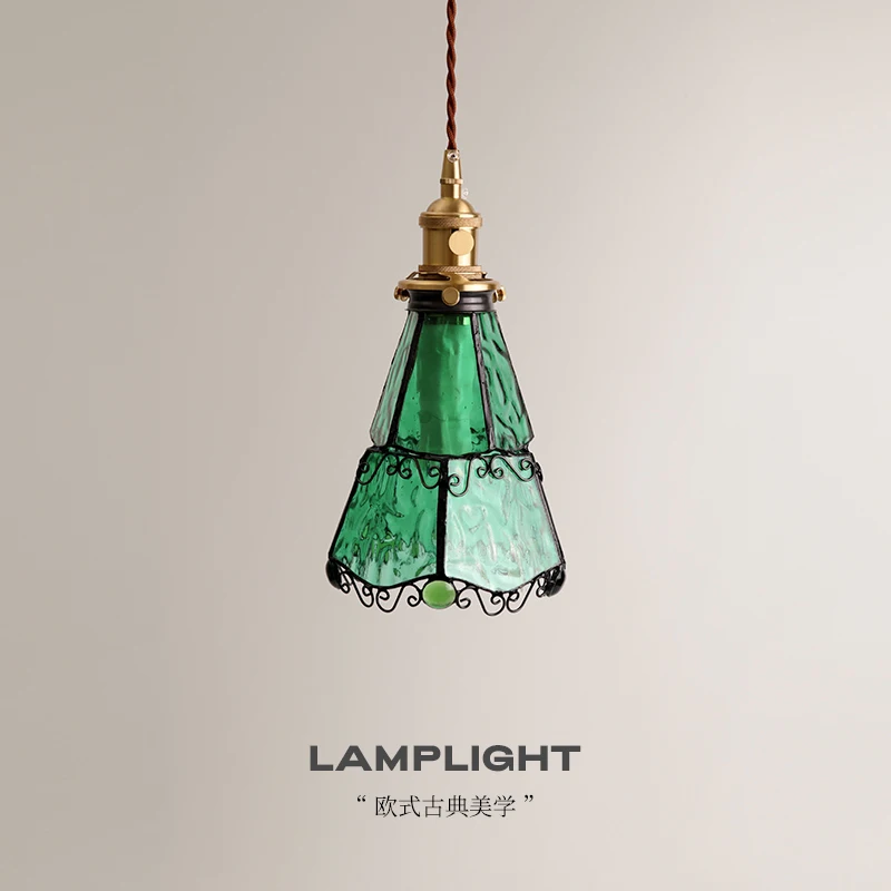

Three dimensional water pattern American retro bedroom pendant light French Japanese atmosphere colored glass hanging line light