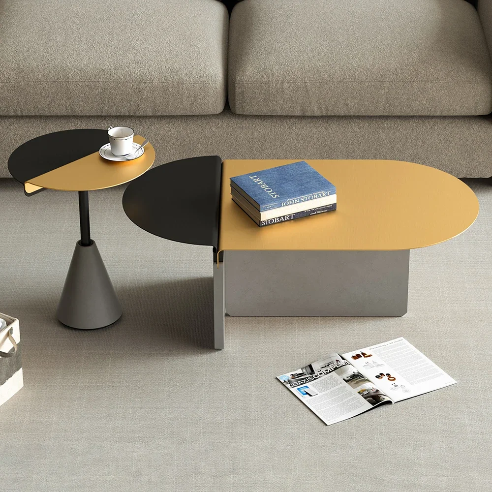 Modern Nordic Style Design Oval Gold And Black Living Room Coffee Table Spliced Metal Concrete Luxury Coffee Table