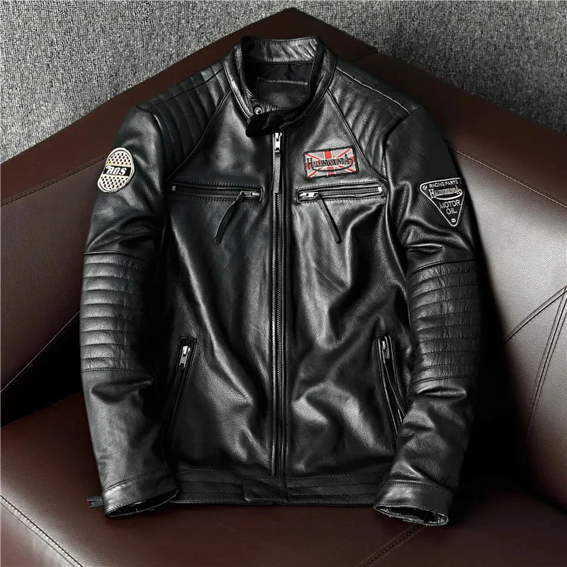 Genuine Leather Jacket Men Motorcycle Soft Top Layer Cowhide Coat Multi Embroidery Slim Fit Autumn Winter Women