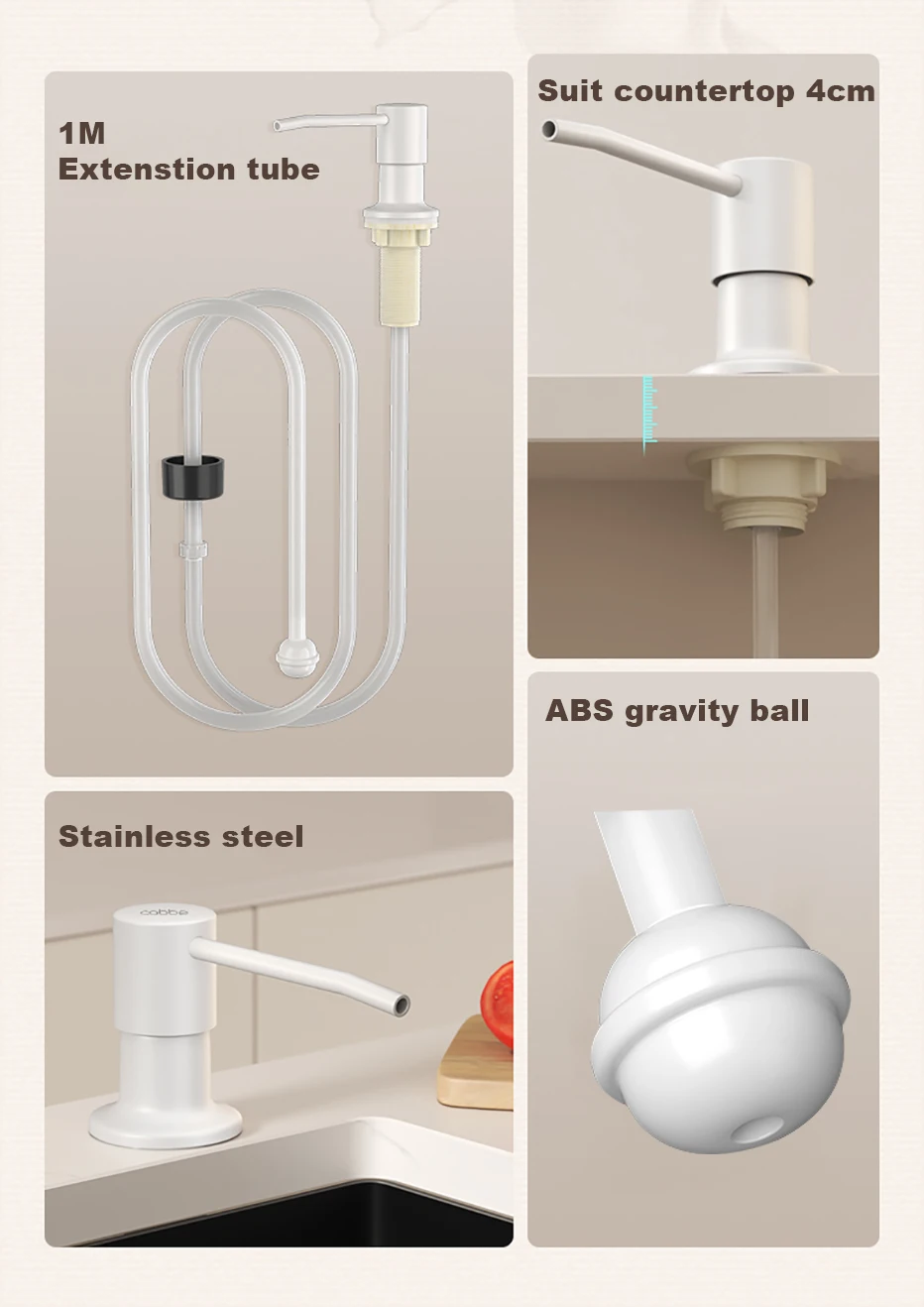 Dispensador de Sabonete Bancada com Tubo de Extensão, Design Embutido, Imprensa, Líquido, Pratos, Resuable, Cozinha