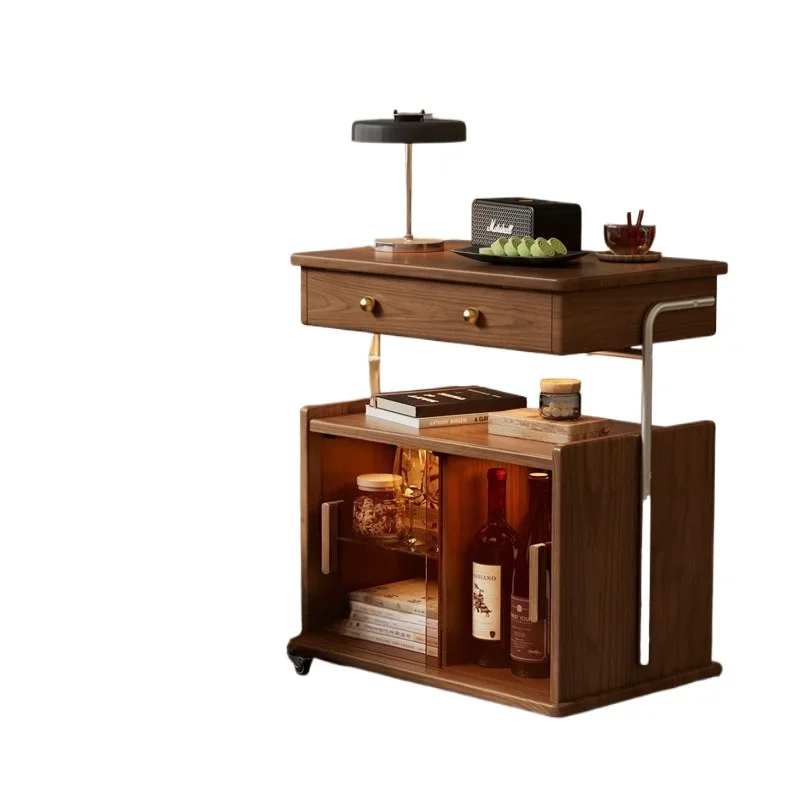 medieval solid wood mobile coffee table, small apartment living room household sofa side cabinet, trolley side table